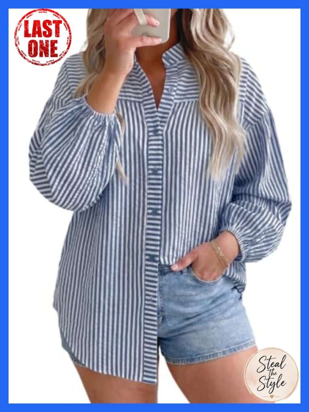 Women's Plus Size Striped Long Sleeve Button Down Shirt with Puff Sleeves Ruffle
